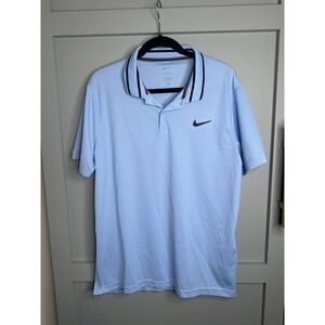 Nike Dri Fit Golf Polo Shirt Mens‎ Large L Light Blue Black Stripe Collar